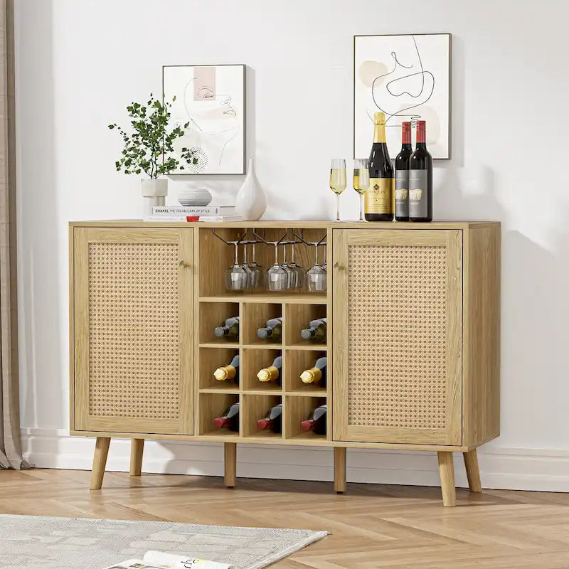 Buffet en rotin chêne naturel avec porte-bouteilles