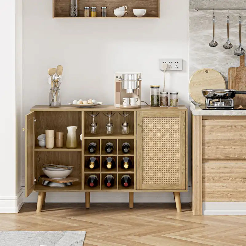 Buffet en rotin chêne naturel avec porte-bouteilles