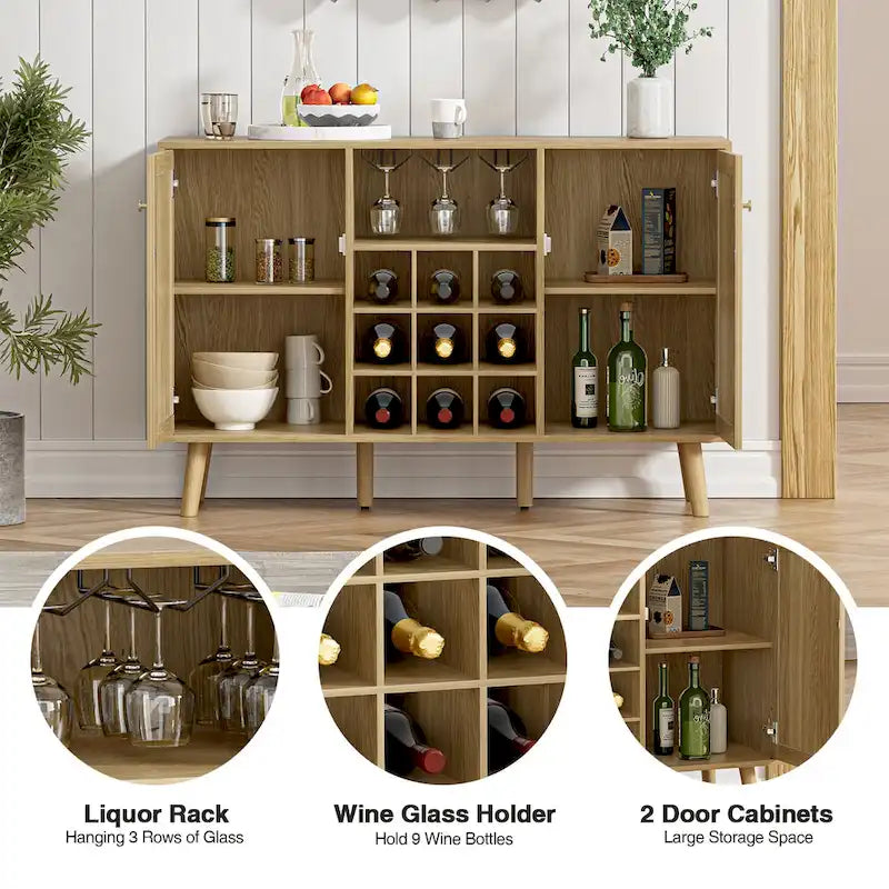Buffet en rotin chêne naturel avec porte-bouteilles