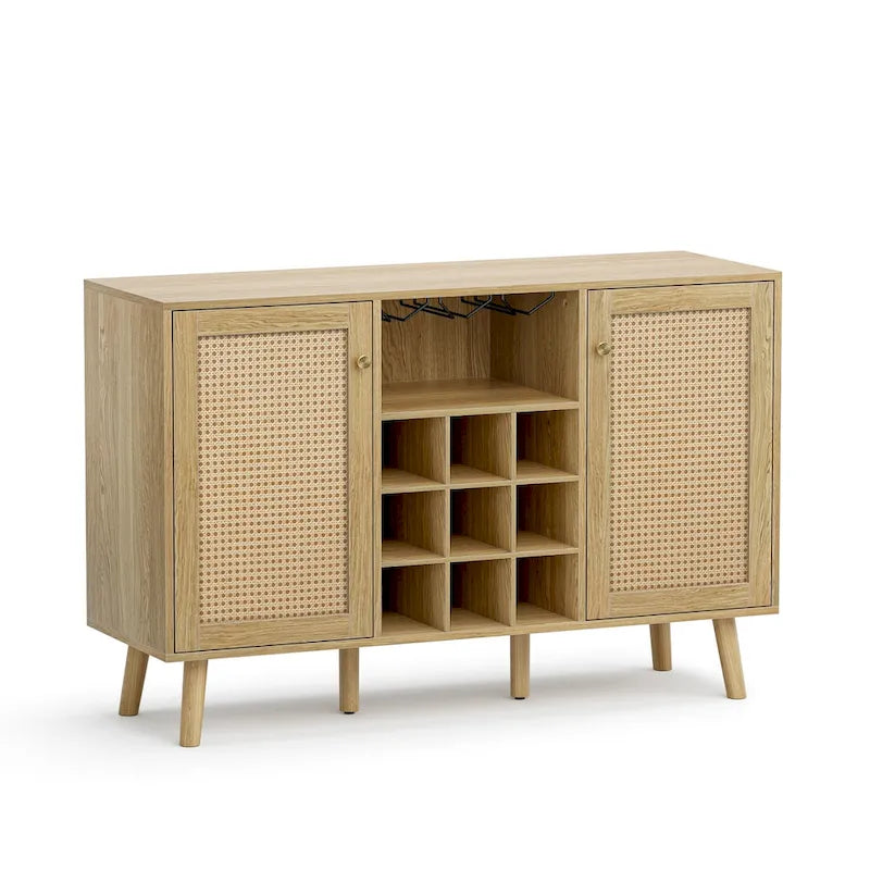 Buffet en rotin chêne naturel avec porte-bouteilles