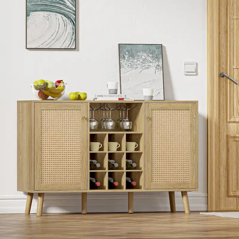 Buffet en rotin chêne naturel avec porte-bouteilles