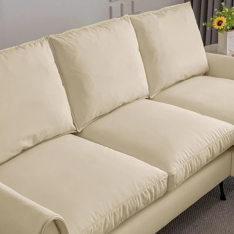Canapé d'angle contemporain en cuir technique, méridienne réversible, beige