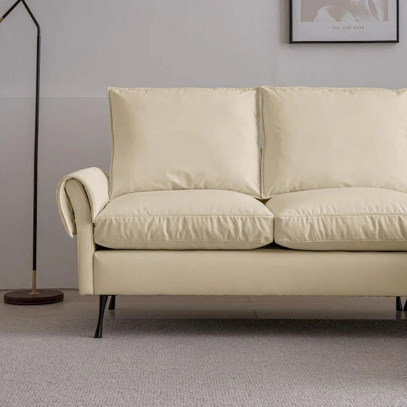 Canapé d'angle contemporain en cuir technique, méridienne réversible, beige
