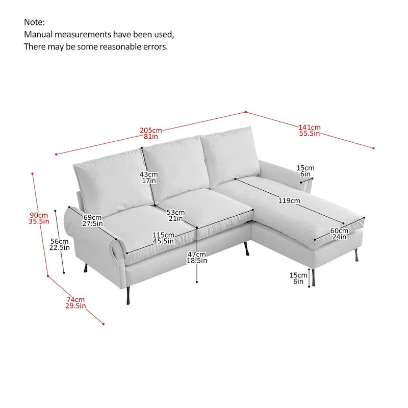 Canapé d'angle contemporain en cuir technique, méridienne réversible, beige