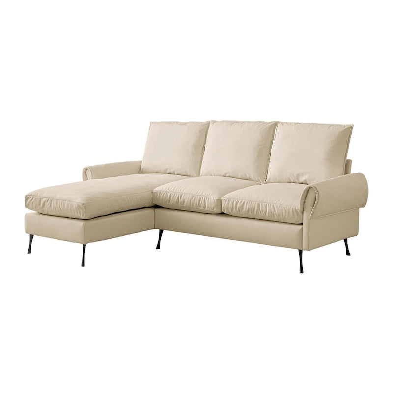Canapé d'angle contemporain en cuir technique, méridienne réversible, beige