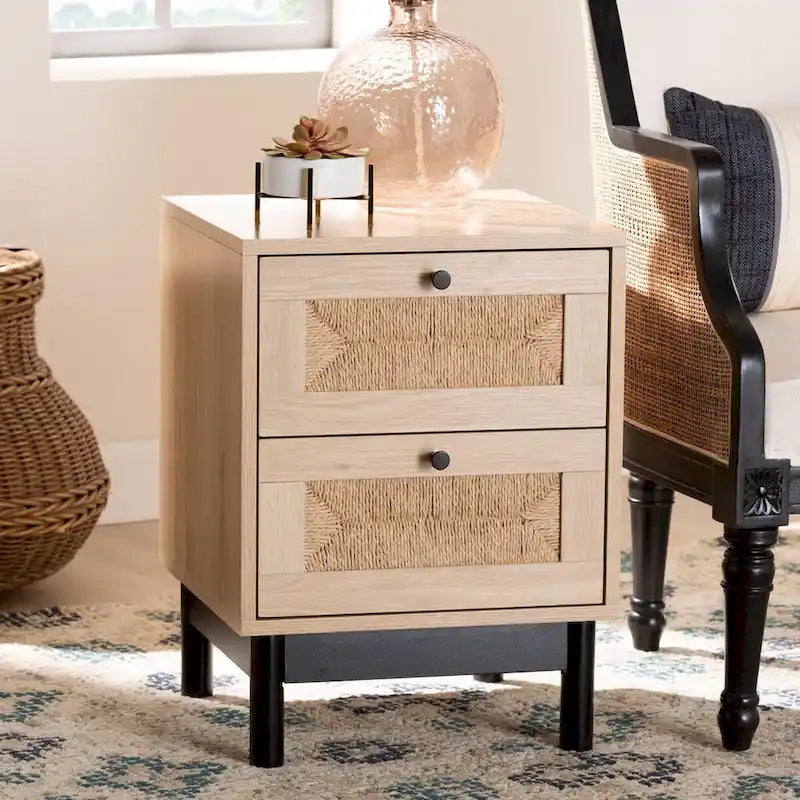 Cherelle Mid-Century Modern Light Brown and Black 2-Drawer End Table