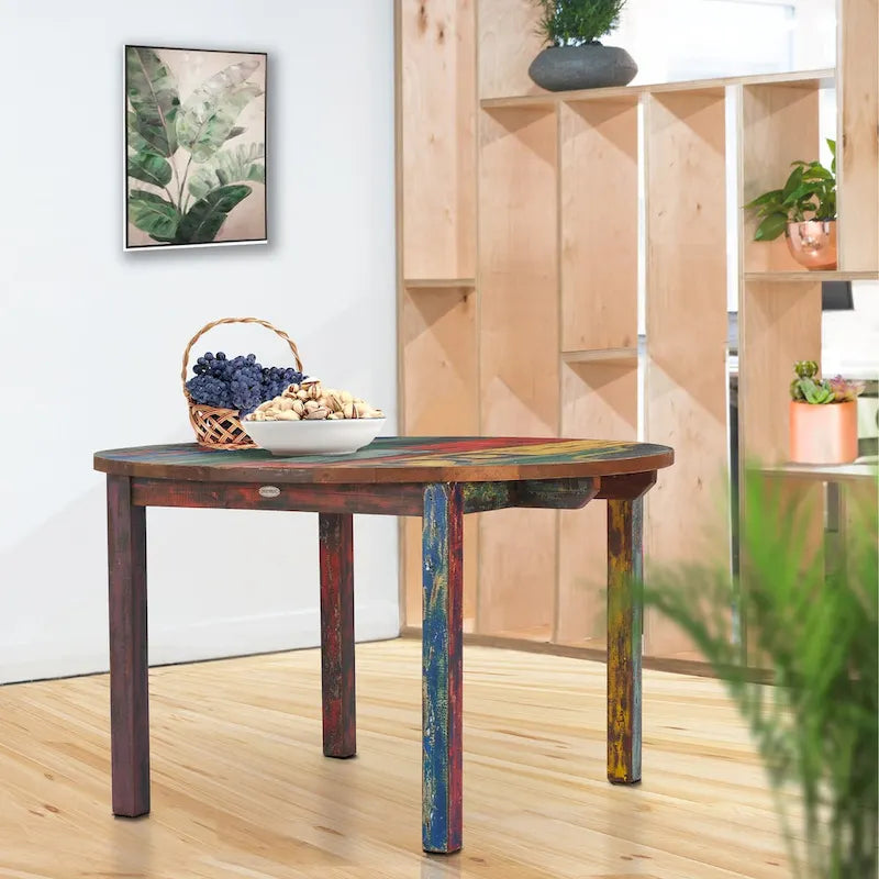 Table à manger ronde en teck recyclé de 48 po – Finition naturelle multicolore, respectueuse de l'environnement