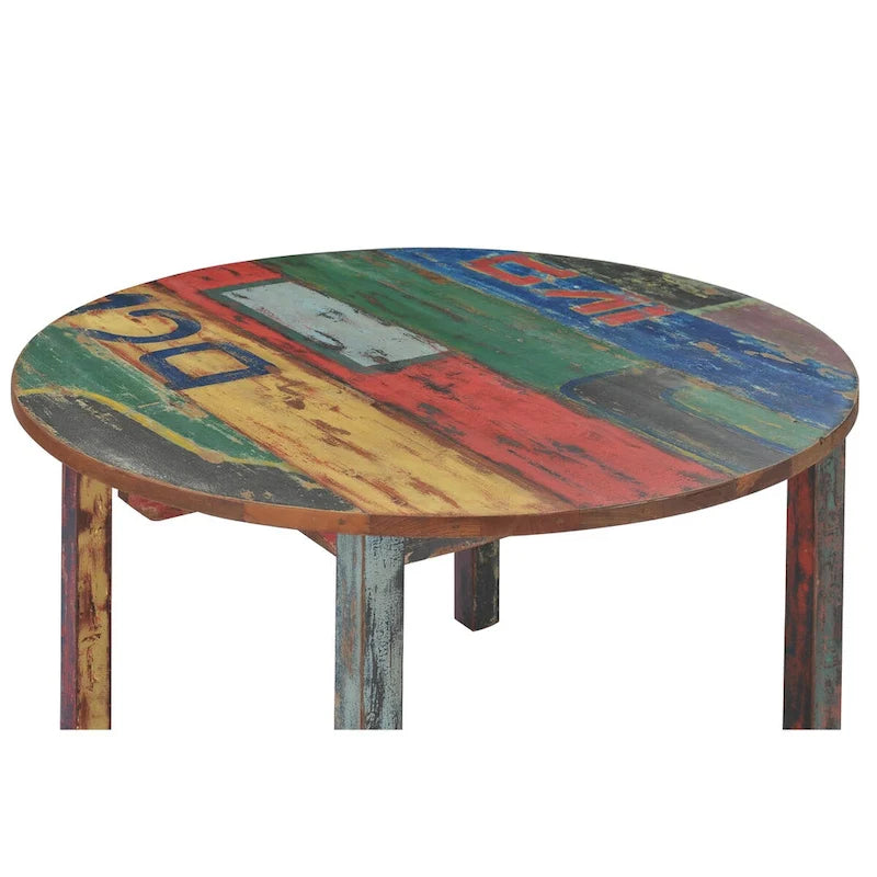 Table à manger ronde en teck recyclé de 48 po – Finition naturelle multicolore, respectueuse de l'environnement