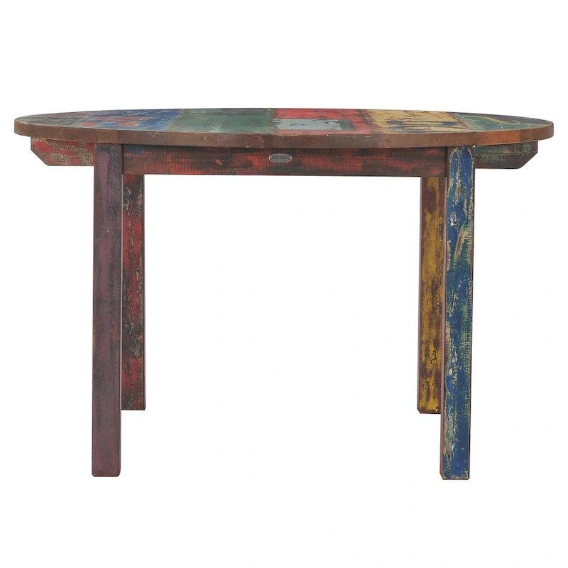 Table à manger ronde en teck recyclé de 48 po – Finition naturelle multicolore, respectueuse de l'environnement