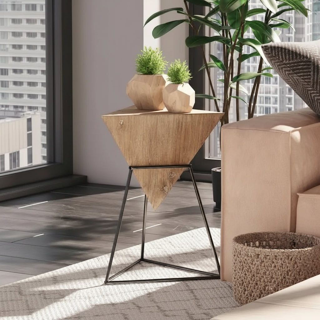 COZAYH Modern Geometric End Table with Wooden Top and Metal Base, Unique Pyramid Side Table Plant Stand for Office, Triangle