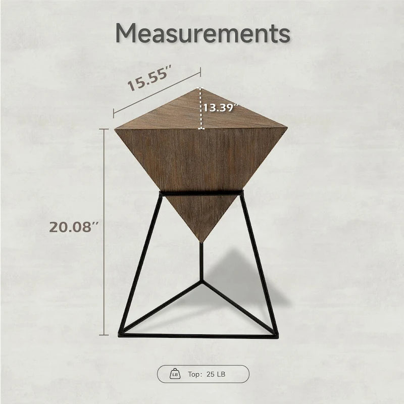 Table d'appoint géométrique triangulaire avec plateau en bois et base en métal
