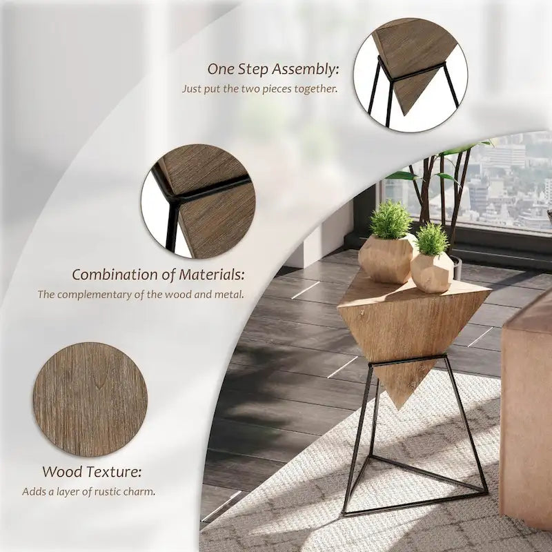 Table d'appoint géométrique triangulaire avec plateau en bois et base en métal