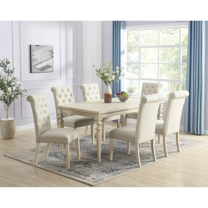 Ensemble de salle à manger 7 pièces, table à manger à pieds tournés avec 6 chaises capitonnées