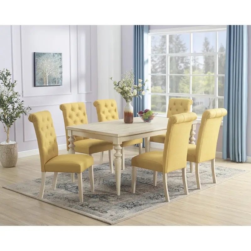 Ensemble de salle à manger 7 pièces, table à manger à pieds tournés avec 6 chaises capitonnées