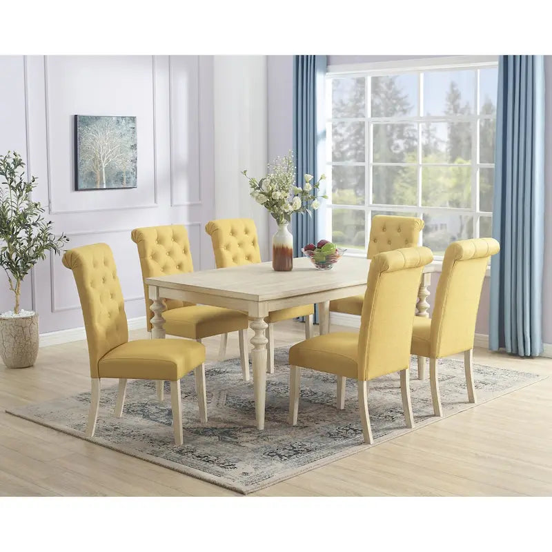 Ensemble de salle à manger 7 pièces, table à manger à pieds tournés avec 6 chaises capitonnées