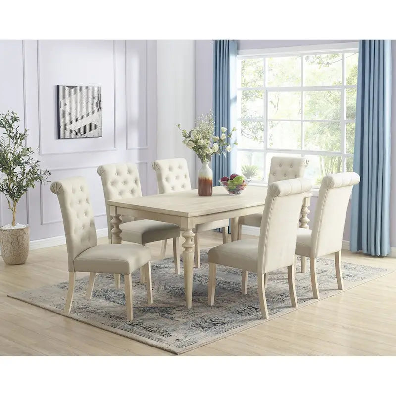 Ensemble de salle à manger 7 pièces, table à manger à pieds tournés avec 6 chaises capitonnées