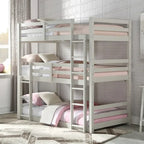 Lit superposé triple en bois de taille double, fini gris clair