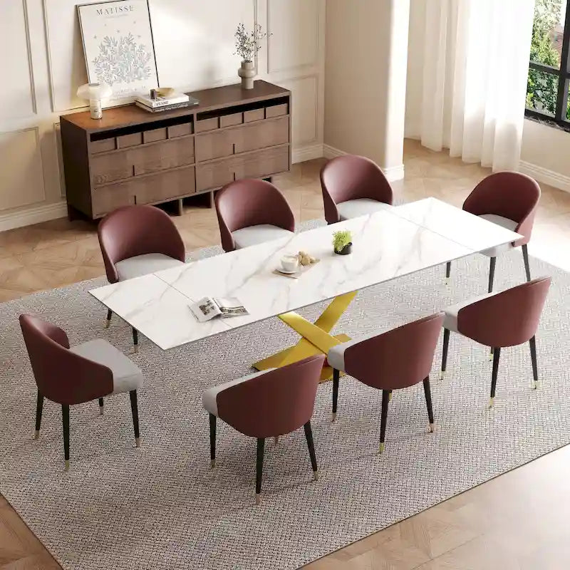 Ensemble de salle à manger 9 pièces avec table à manger rectangulaire extensible en pierre frittée de 240 cm et 8 chaises en similicuir