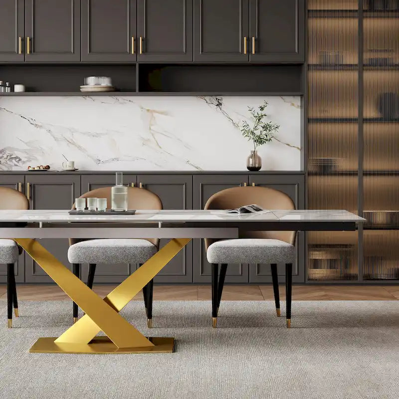 Ensemble de salle à manger 9 pièces avec table à manger rectangulaire extensible en pierre frittée de 240 cm et 8 chaises en similicuir