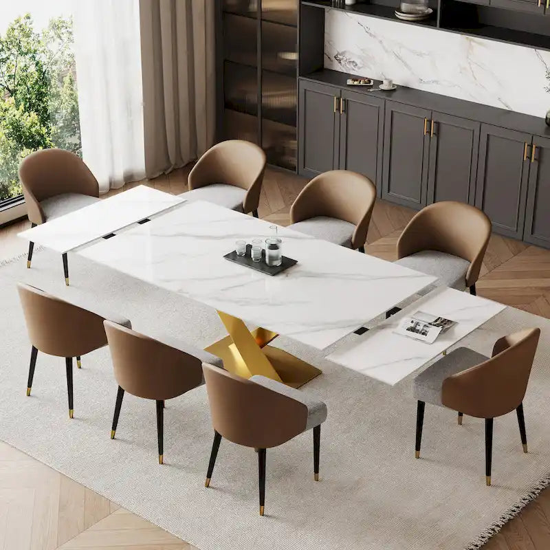 Ensemble de salle à manger 9 pièces avec table à manger rectangulaire extensible en pierre frittée de 240 cm et 8 chaises en similicuir